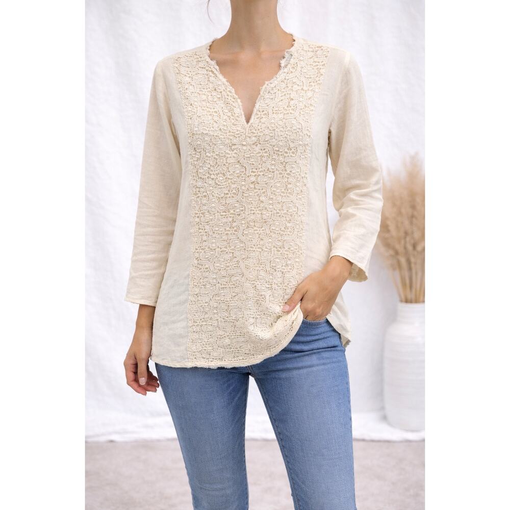 INC | Cream Ivory Linen Crochet Lace Tunic Top Boho Resort Vacation | 14W